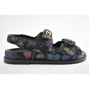 Chanel 21A Black Denim Graffiti CC Logo Mule Slide Strap Flat Dad Sandal 35.5